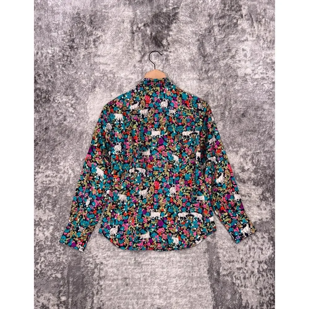New J Crew Collection Silk Shirt 00 Womens Grazing Goats Whimsical